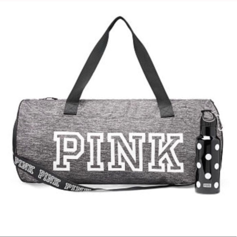 Victoria’s Secret Pink Gray Duffle Bag And Polkadot Bottle Brand New